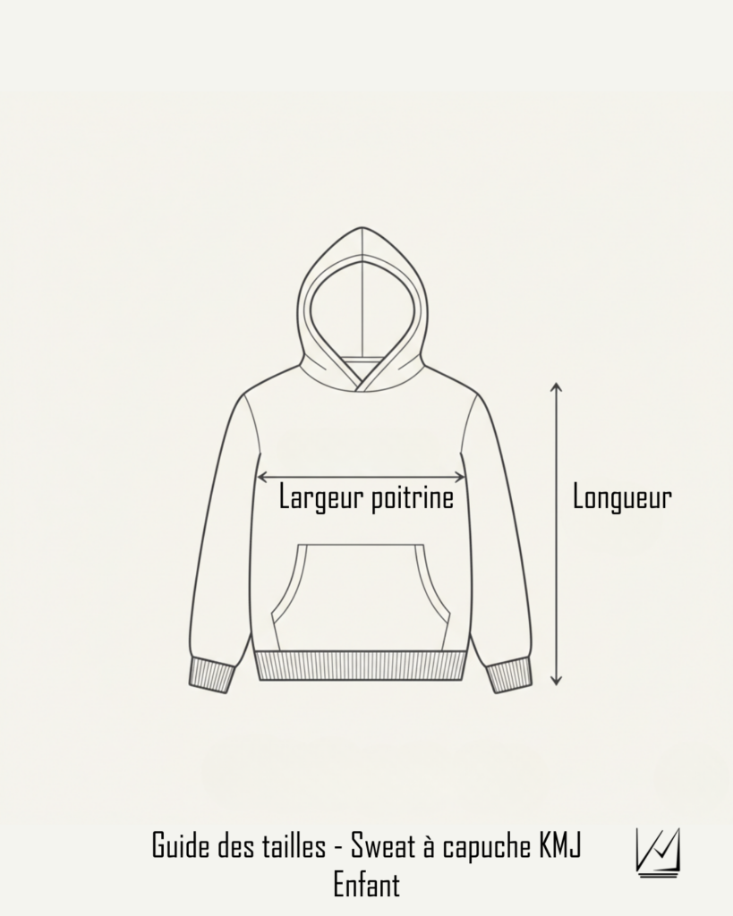 Schéma des mesures d’un sweat à capuche enfant KMJ : largeur poitrine, longueur et longueur de manche guide des tailles