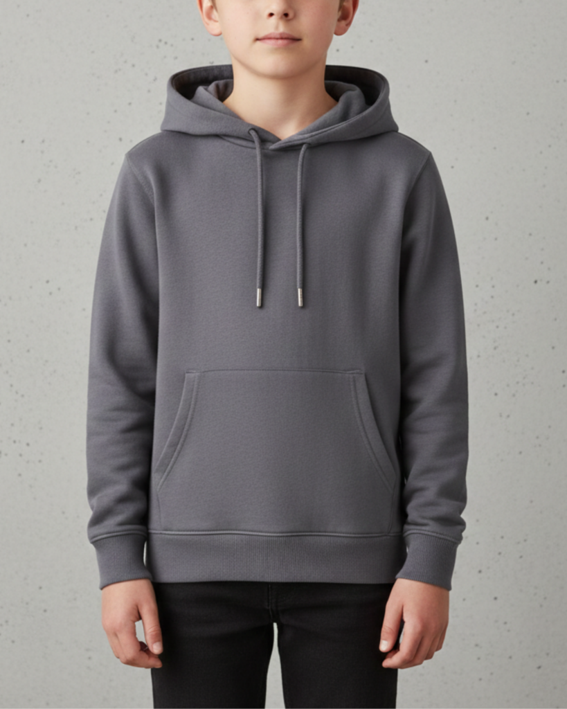 Enfant portant un sweat à capuche KMJ, coupe droite, vue de face