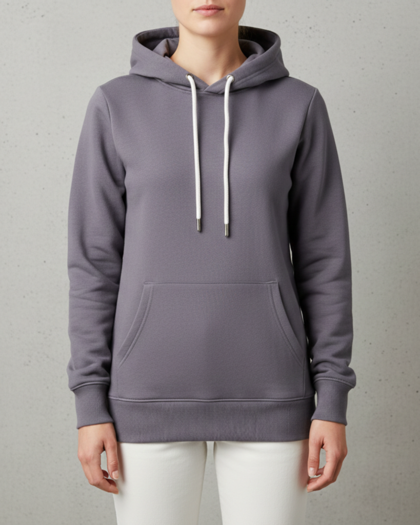 Mannequin femme portant un sweat à capuche coupe femme KMJ, coupe droite, vue de face