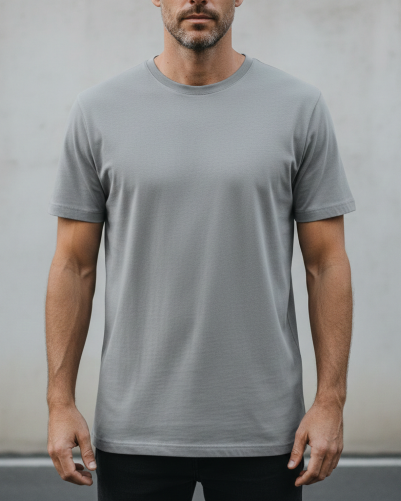 Mannequin homme portant un T-shirt KMJ gris, coupe droite, vue de face