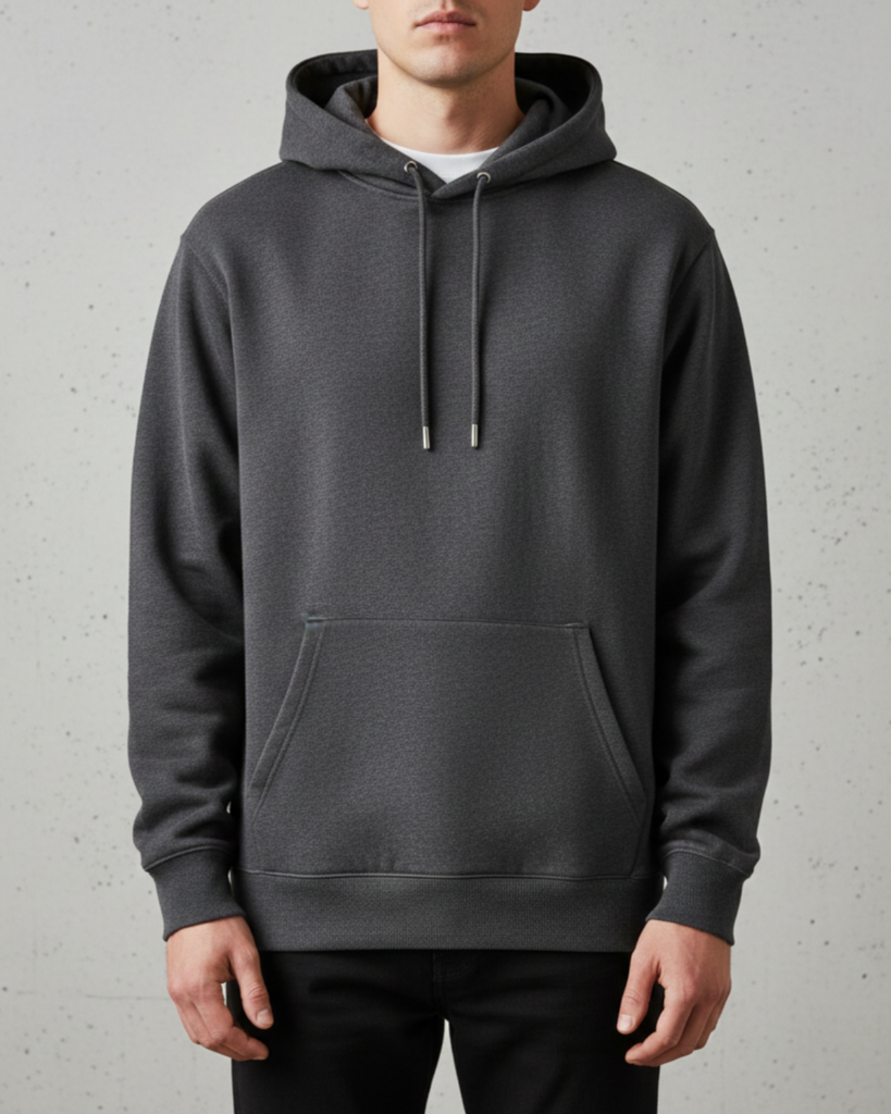 Mannequin homme portant un sweat à capuche unisexe KMJ gris, coupe droite, vue de face